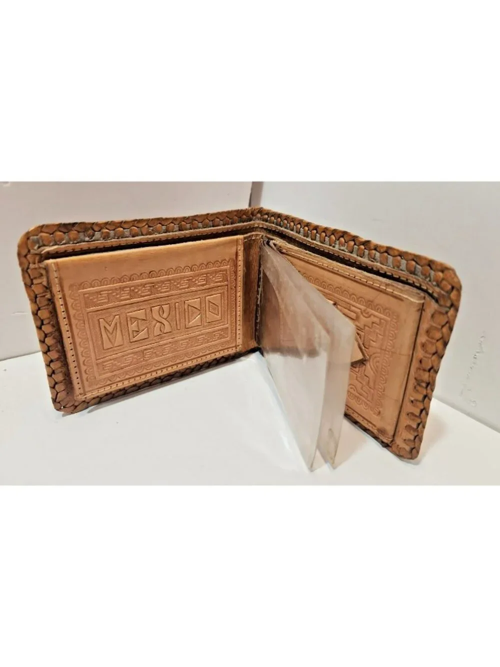 Wallet Bi Fold Hand Tooled Leather Embossed Aztec Stamped Mexico Brown